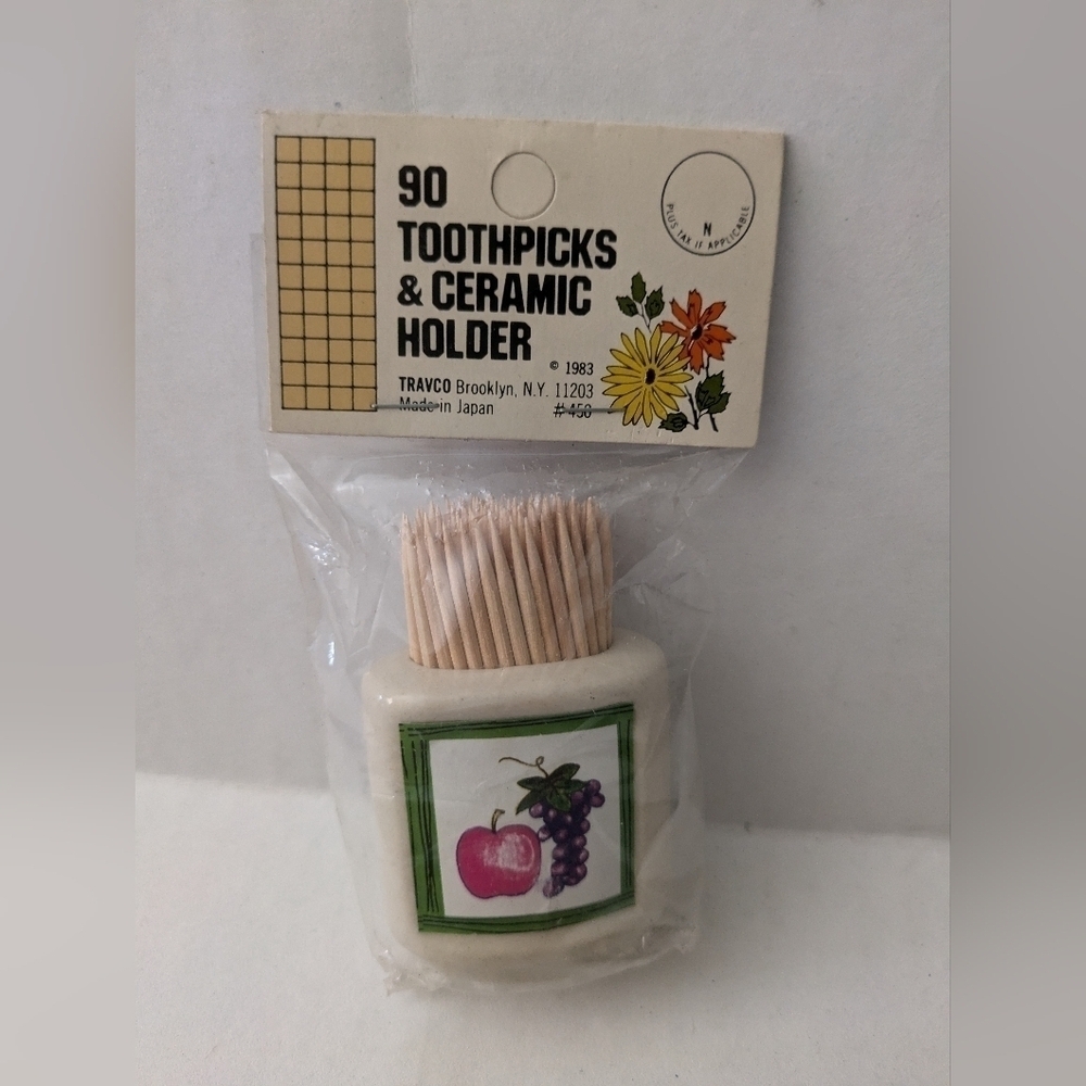 Vintage Travco toothpicks with holder. New old stock. Apple and grapes